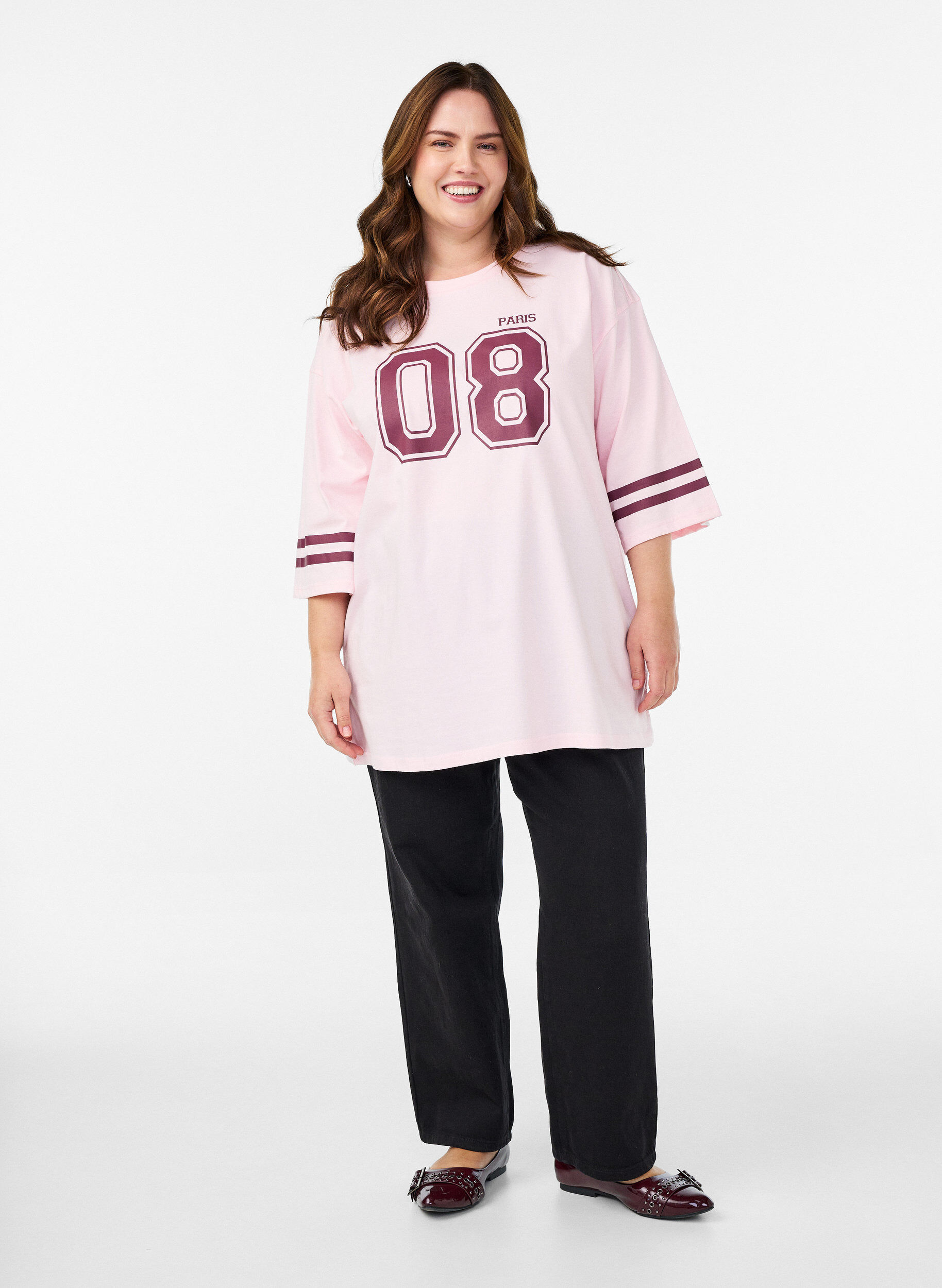 ZizziOversized college T-shirt met 3/4 mouwen, Roze, Model image number 1