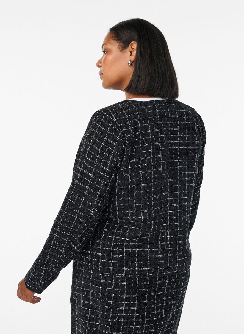 Korte bouclé blazer met ruitjes en ronde hals, Black w. Check, Model