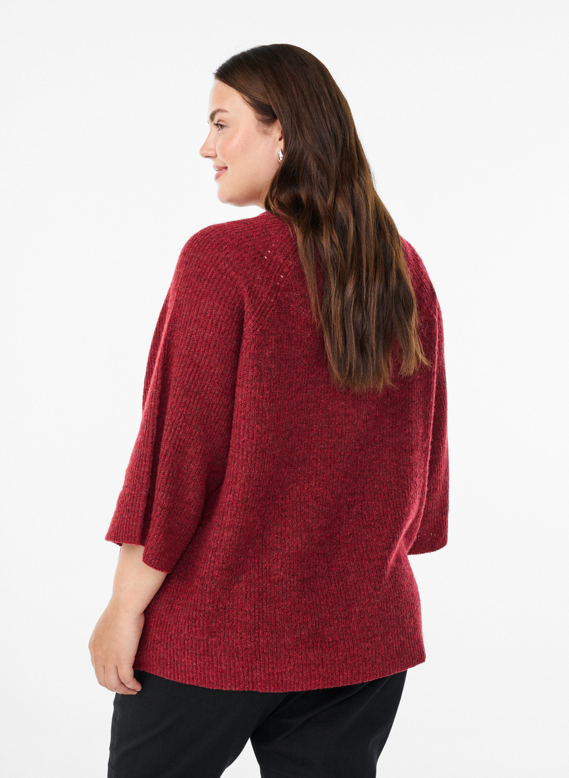 ZizziGeribde trui met 3/4 mouwen, Rood, Model image number 2