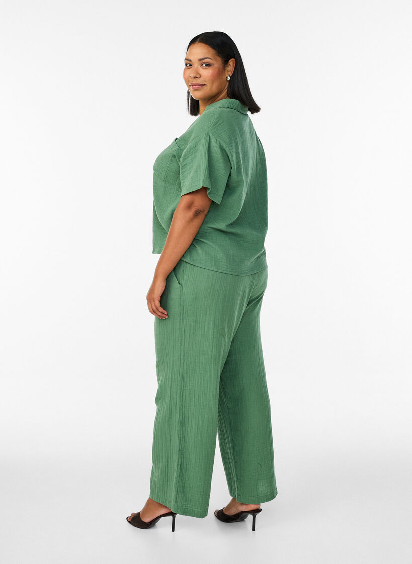 High-waist katoenen mousseline broek met losse pijpen, Groen, Model image number 1