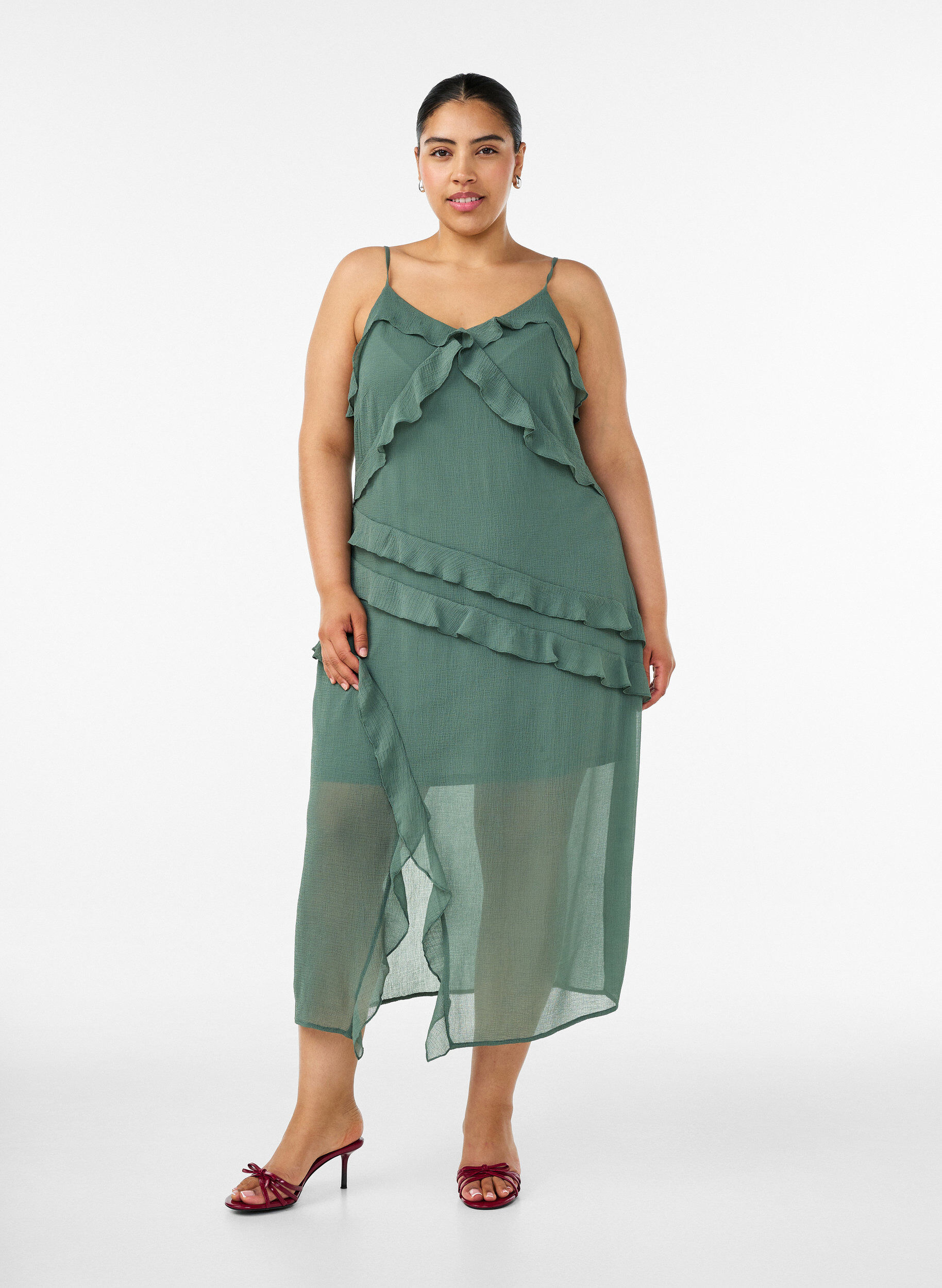 Chiffon jurk met asymmetrische ruches, Groen, Model