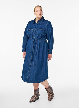 ZizziHalflange denim jurk met strikceintuur, Dark Blue Denim, Model image number 0