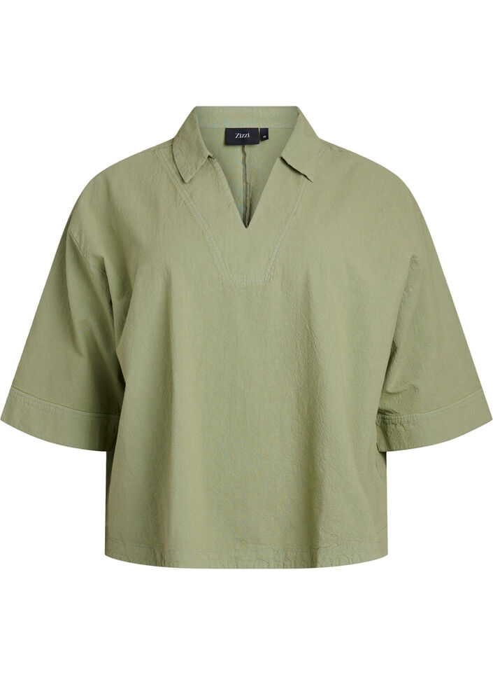 Losse blouse met kraag en 1/2 mouwen, Groen, Packshot image number 0