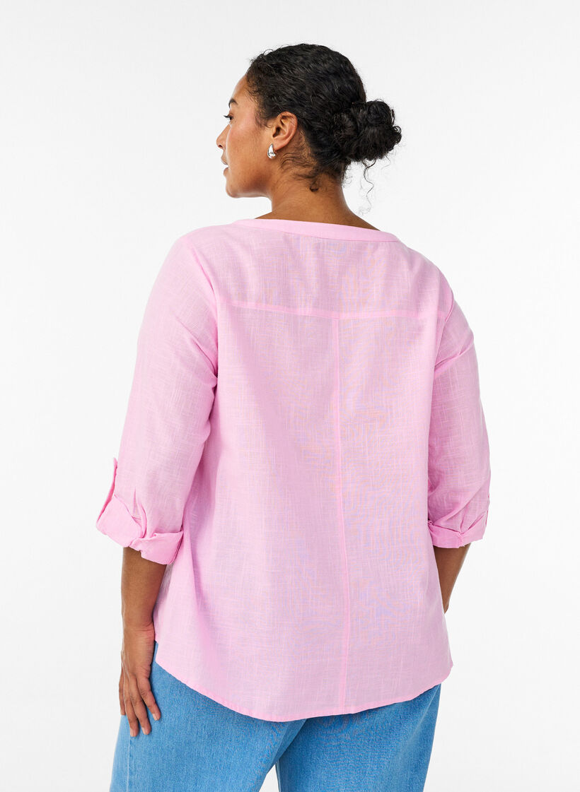 Katoenen blouse met V-hals, Roze, Model image number 2