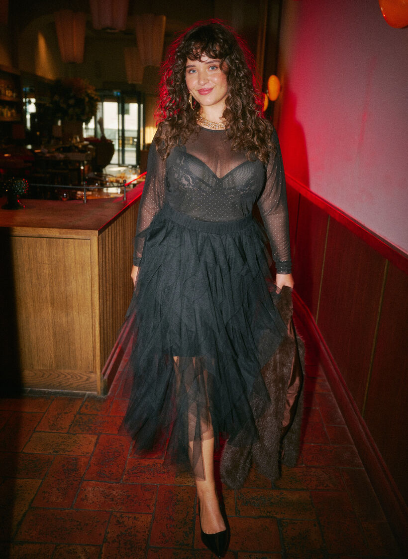 Midirok van tule met elastische tailleband, Zwart, Image image number 0
