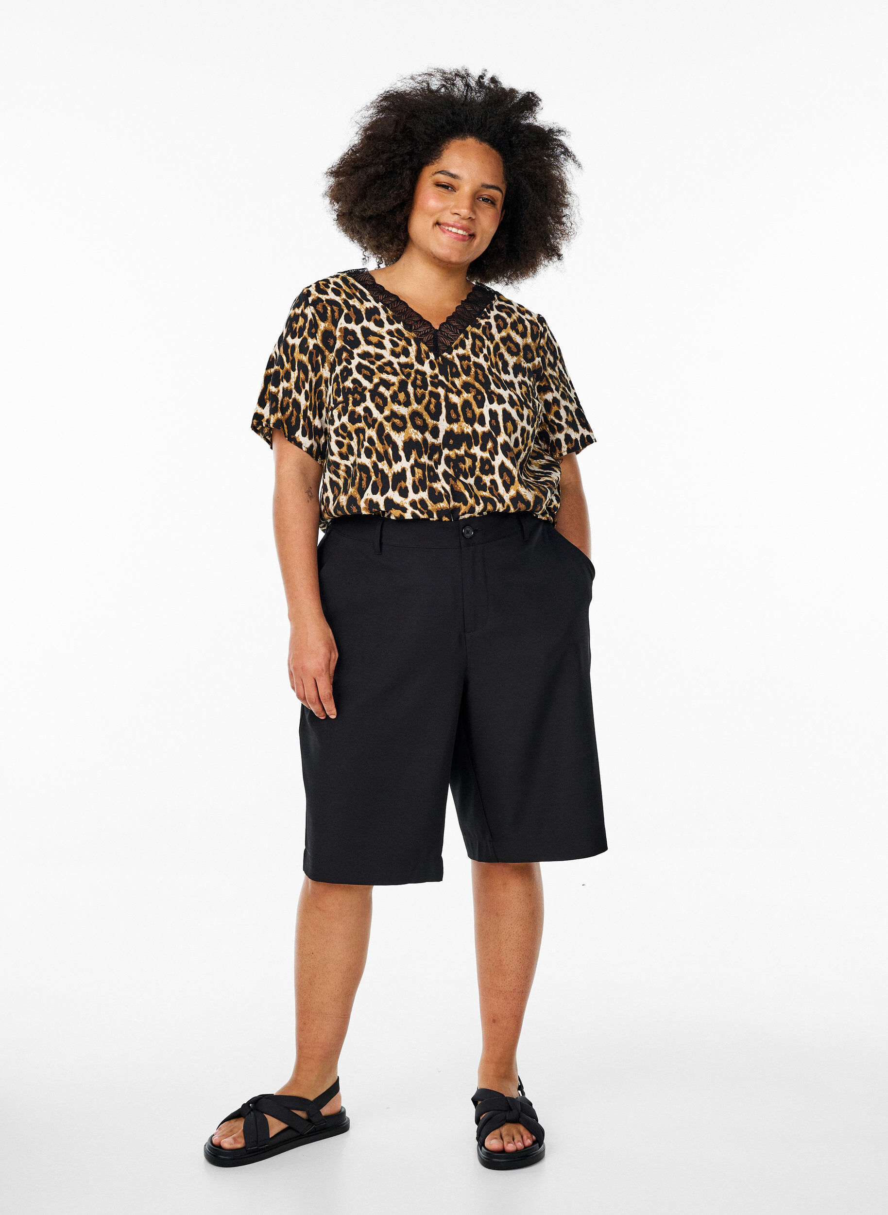 ZizziViscose blouse met korte mouwen en kanten rand, Bruin, Model image number 1