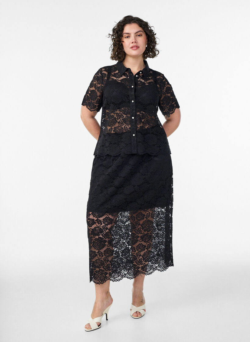 Kanten midirok met een elastische tailleband, Zwart, Model image number 0
