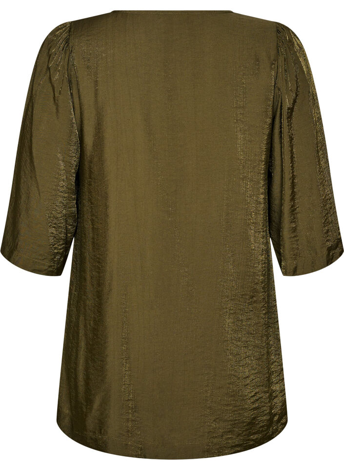 Glanzende tuniek met V-hals en 3/4 mouwen, Groen, Packshot image number 1