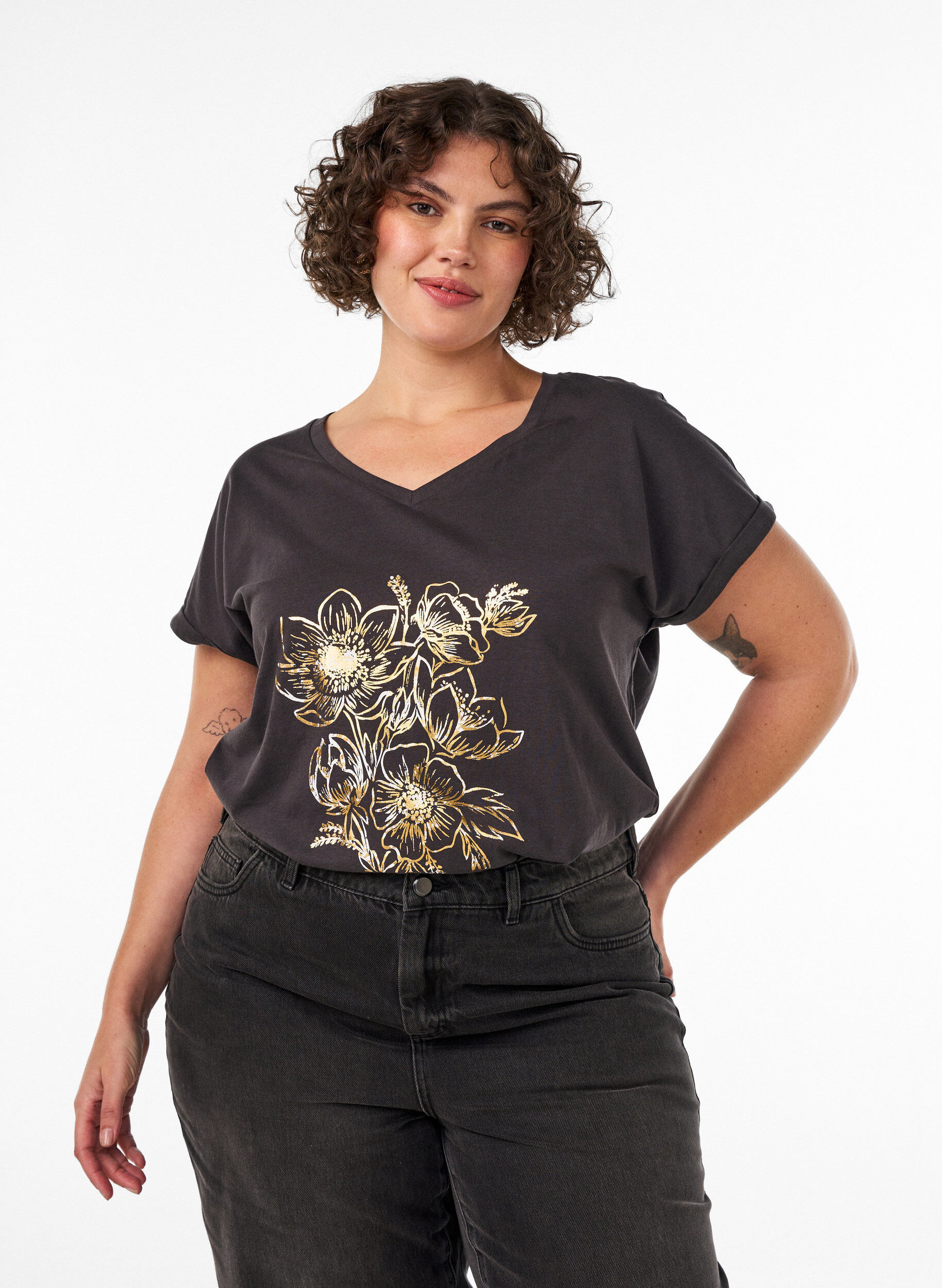 Katoenen T-shirt met goudkleurige folieprint, Grijs, Model