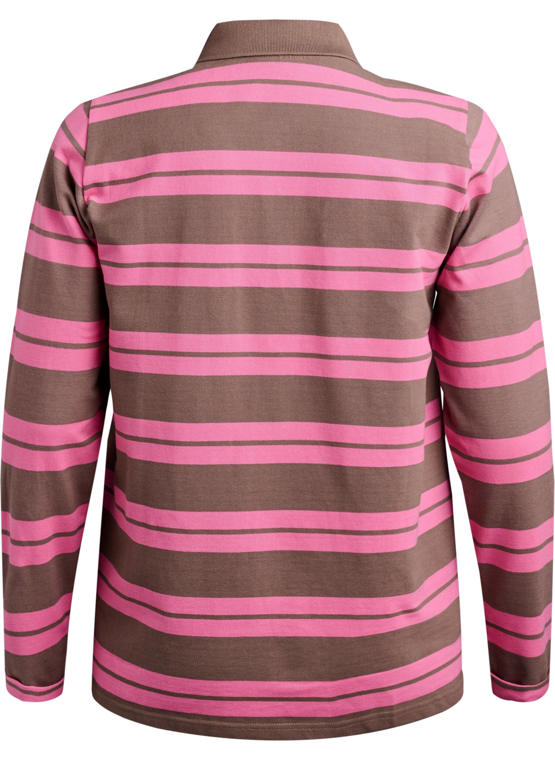 ZizziGestreepte polo met lange mouwen, Roze, Packshot image number 1