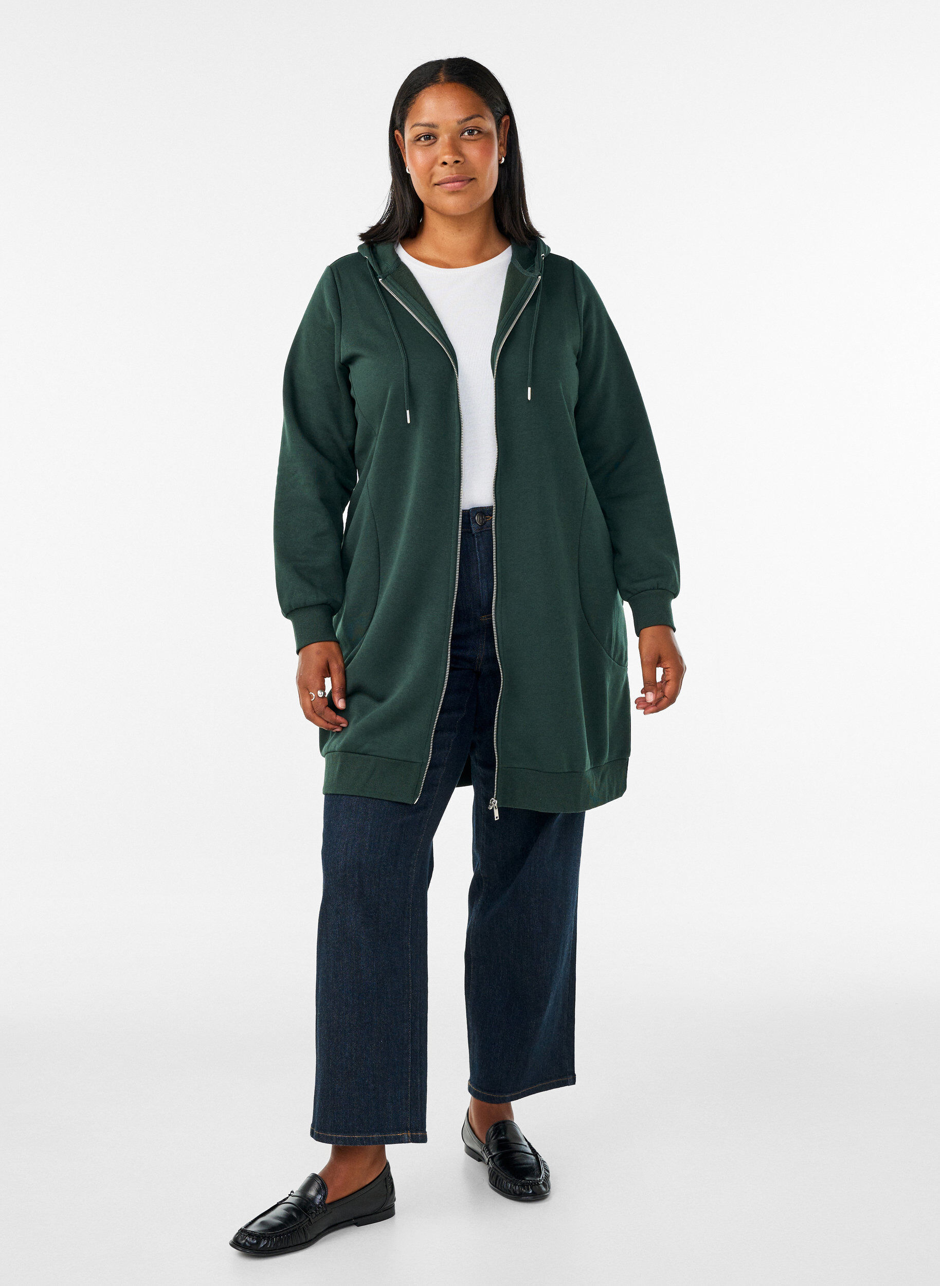ZizziLange hoodie met ritssluiting en zakken, Groen, Model image number 1