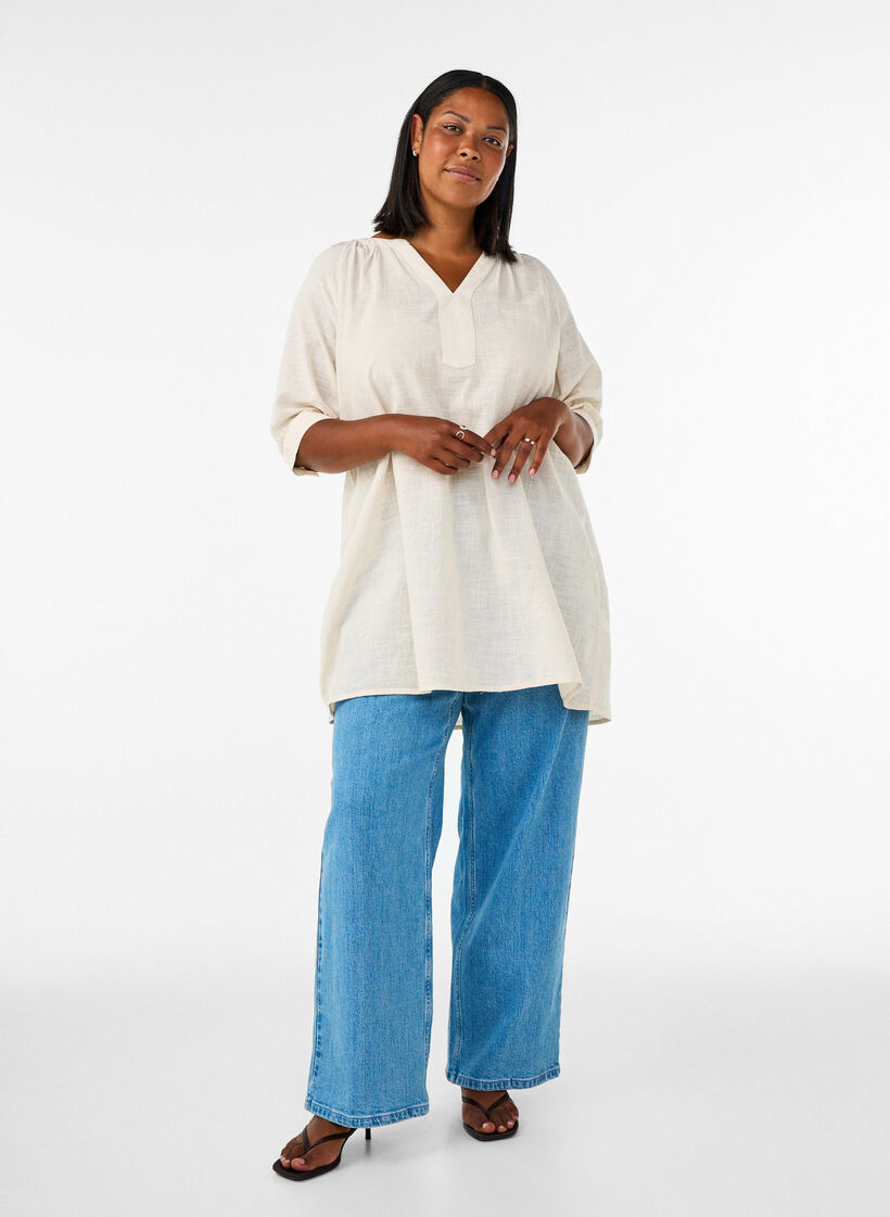 Katoenen tuniek met V-hals, Vanille, Model image number 1