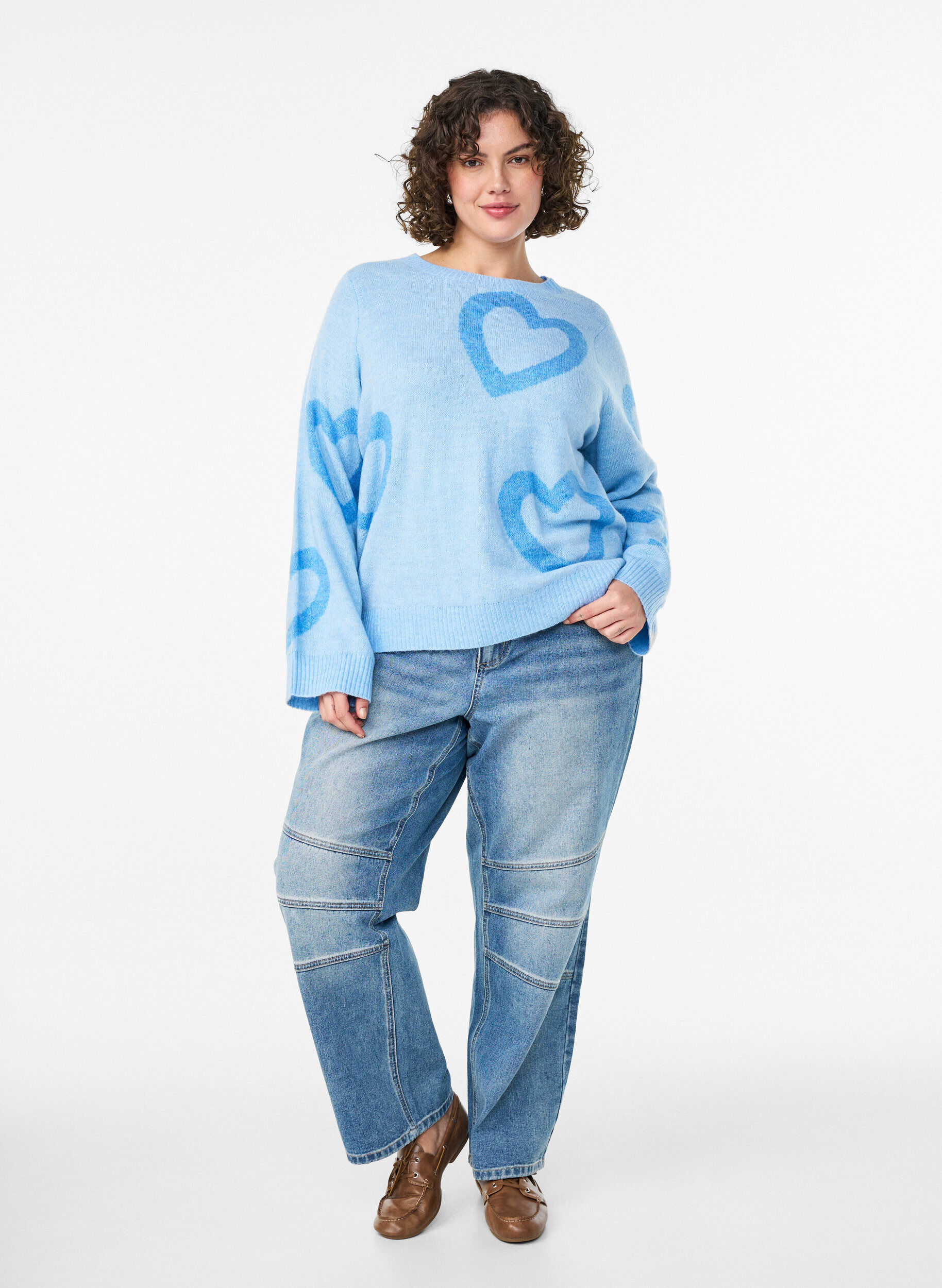 ZizziGebreide blouse met grote harten en ronde hals, Blauw, Model image number 1