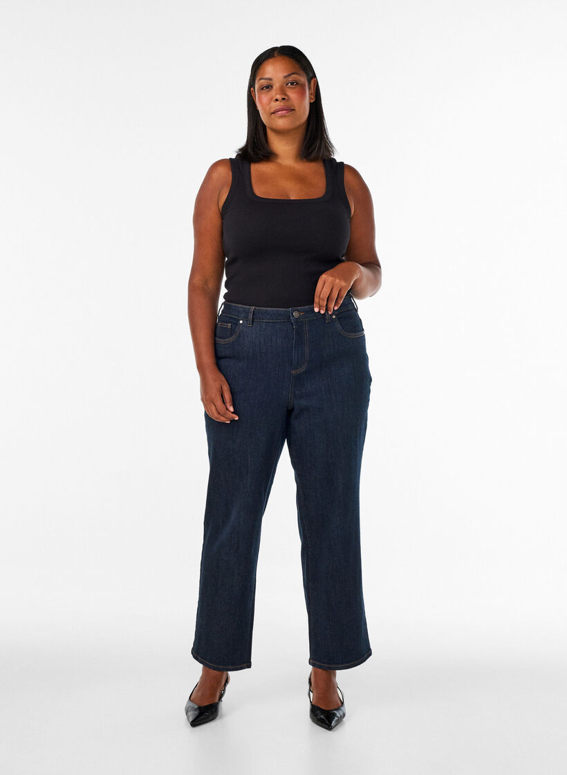 Rib top met vierkante halslijn, Zwart, Model image number 1