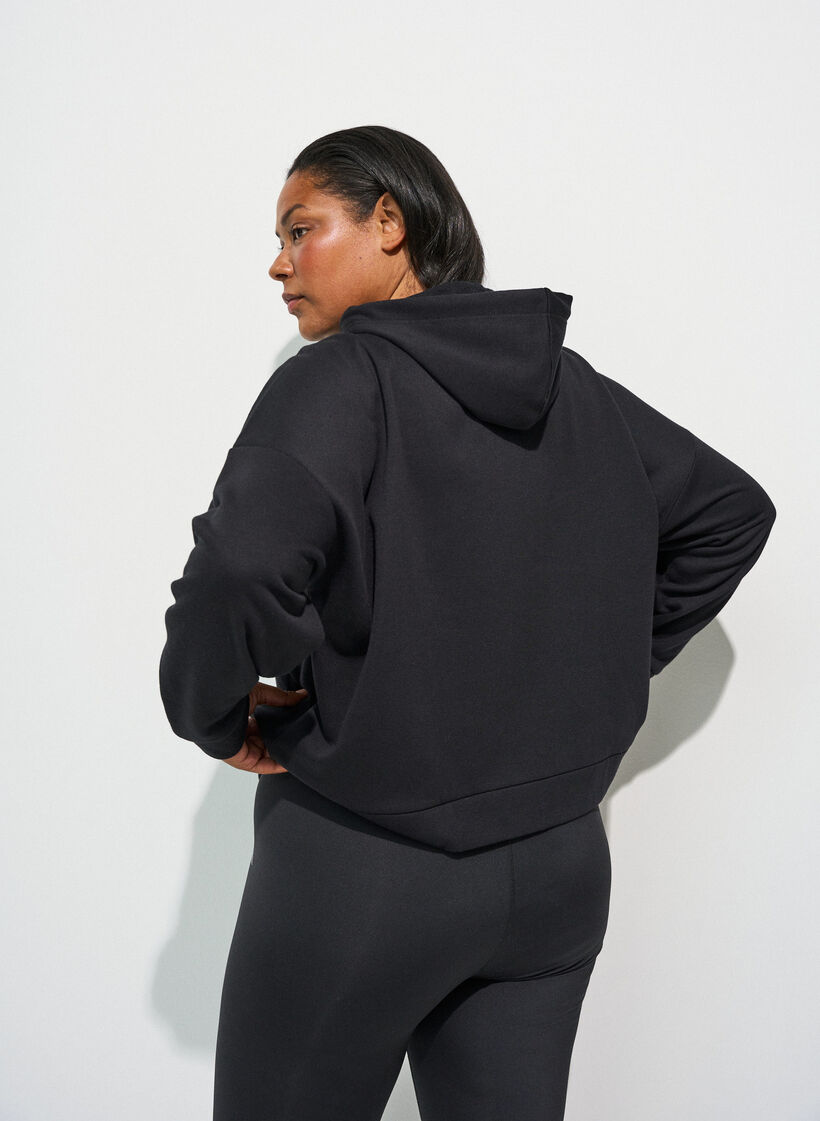 Hoodie met ritssluiting en borstprint, Zwart, Model image number 2