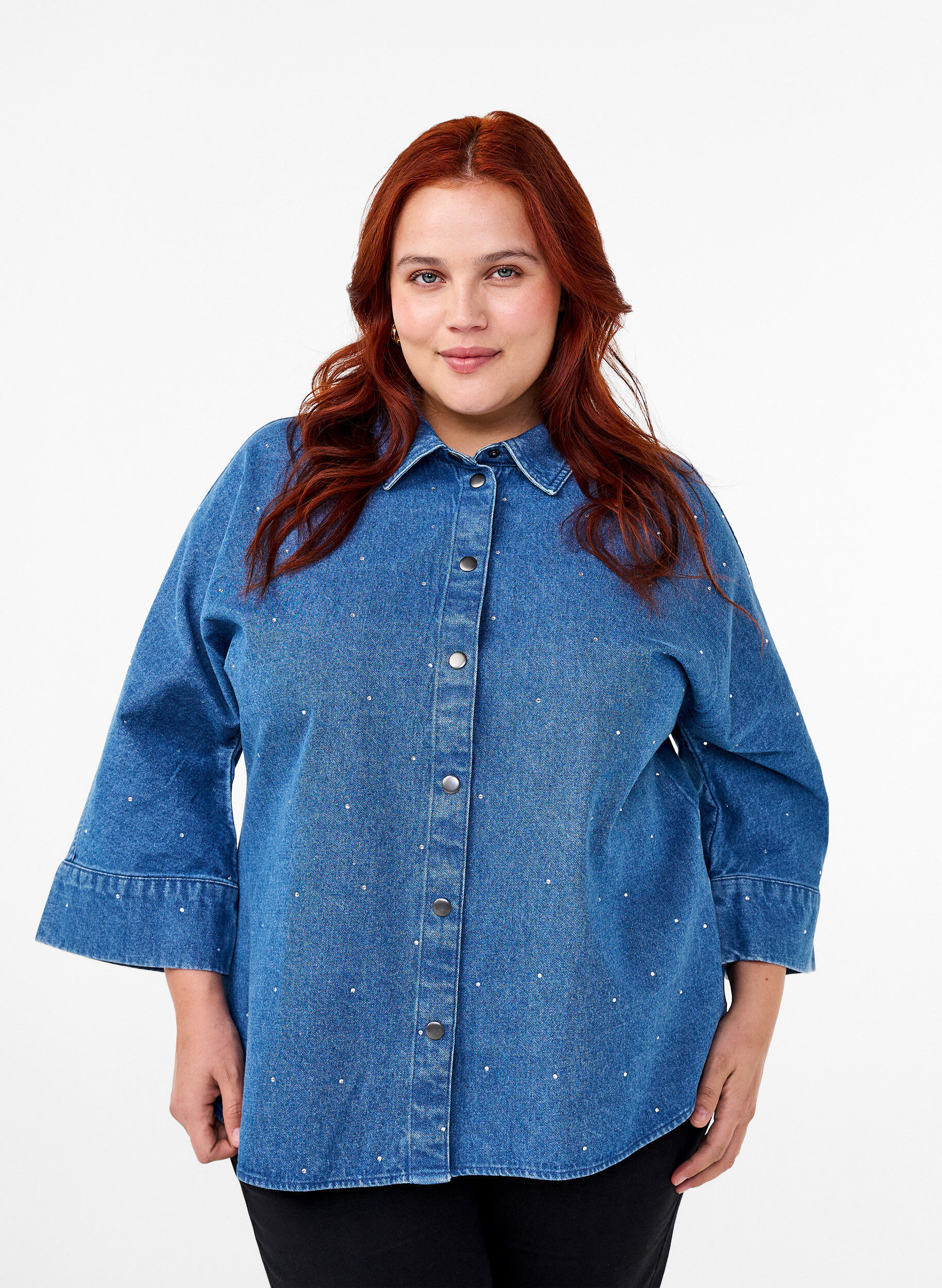Denim shirt met strassteentjes en driekwartmouwen, Bl. Denim Rhinestone, Model