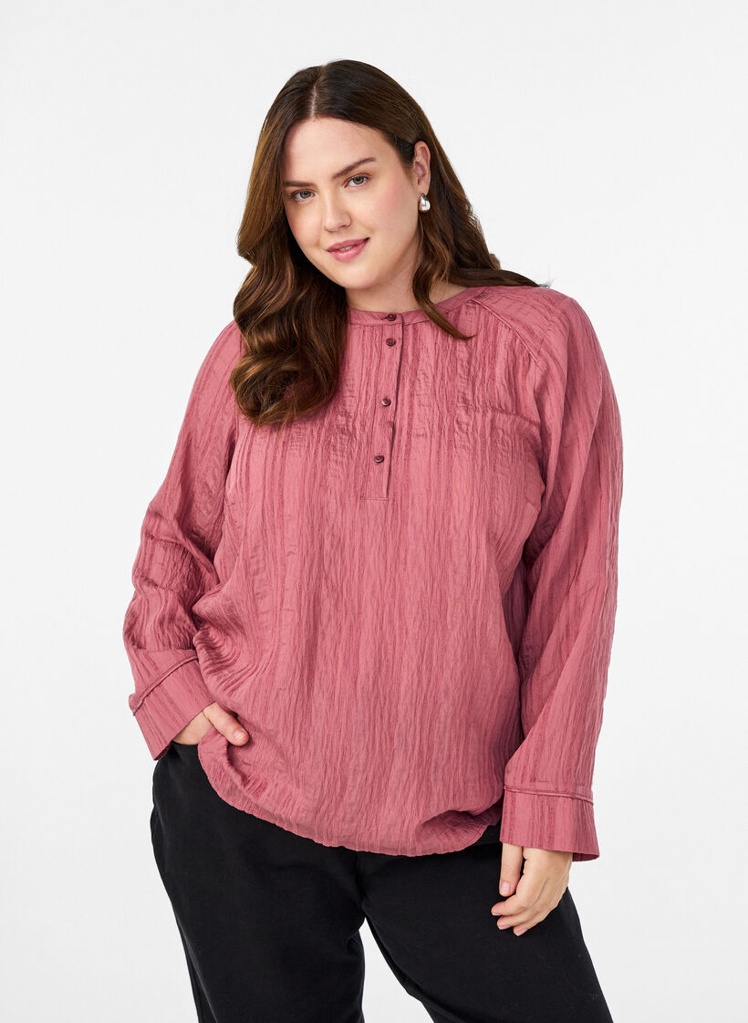 Blouse met ton-sur-ton textuur en knopen, Roze, Model image number 0