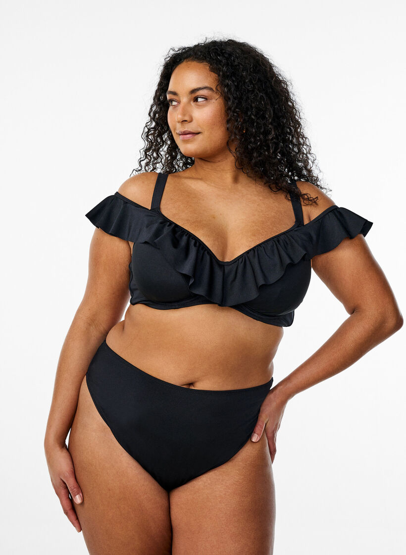 Bikini top met ruches en beugel, Zwart, Model