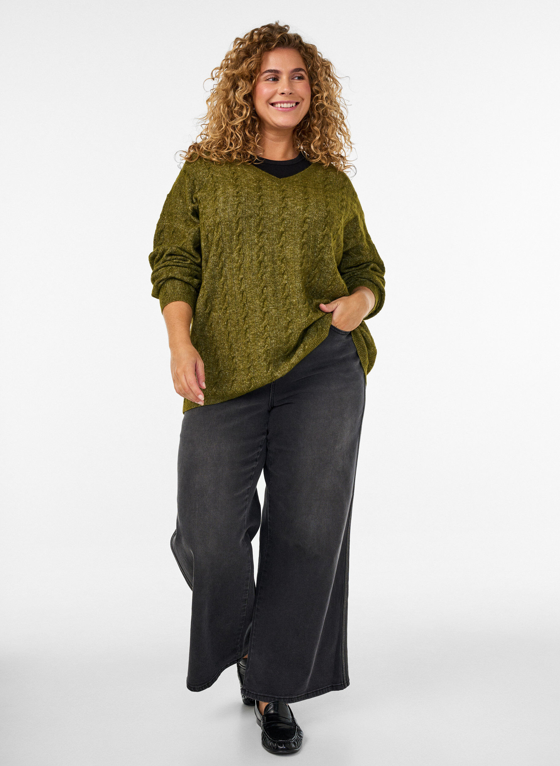 ZizziGebreide blouse met kabelpatroon en V-hals, Groen, Model image number 1