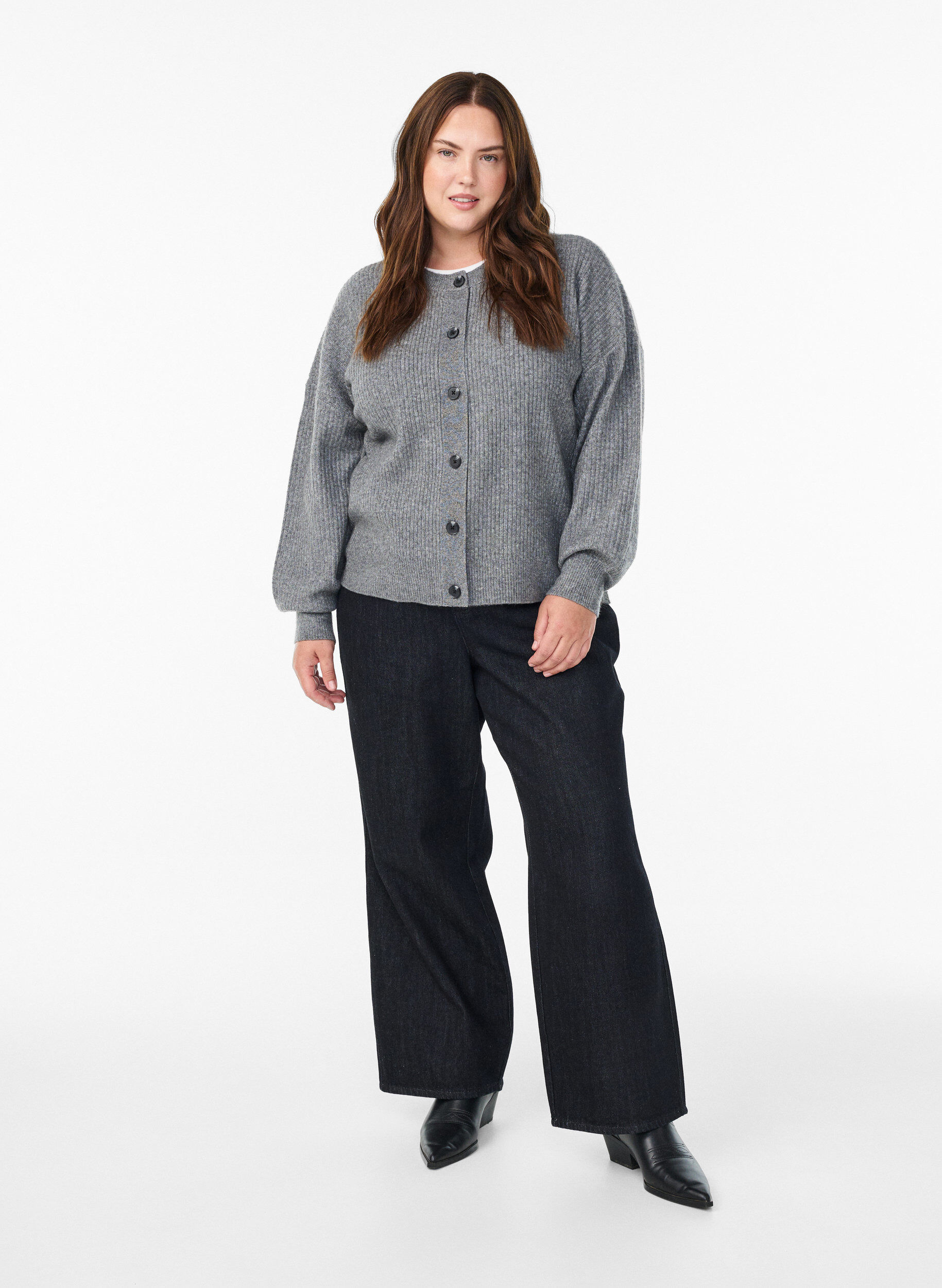 ZizziVest van ribtricot met knopen, Grijs, Model image number 1