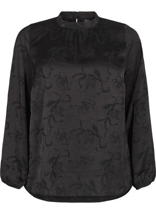 ZizziSatijnen blouse met ton-sur-ton patroon, Black, Packshot image number 0