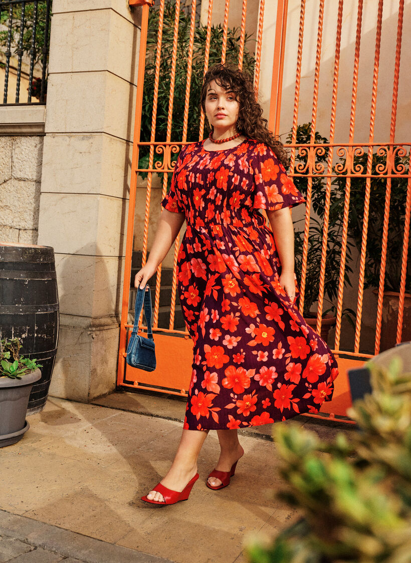 Jurk met smokwerk en bloemenprint, Paars, Image