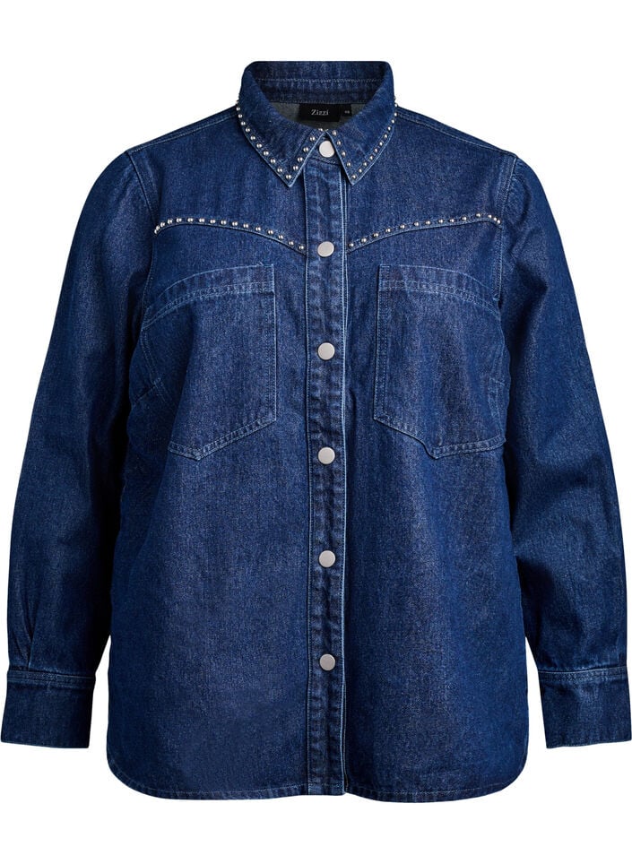 Denimshirt met studs, Dark Blue Denim, Packshot