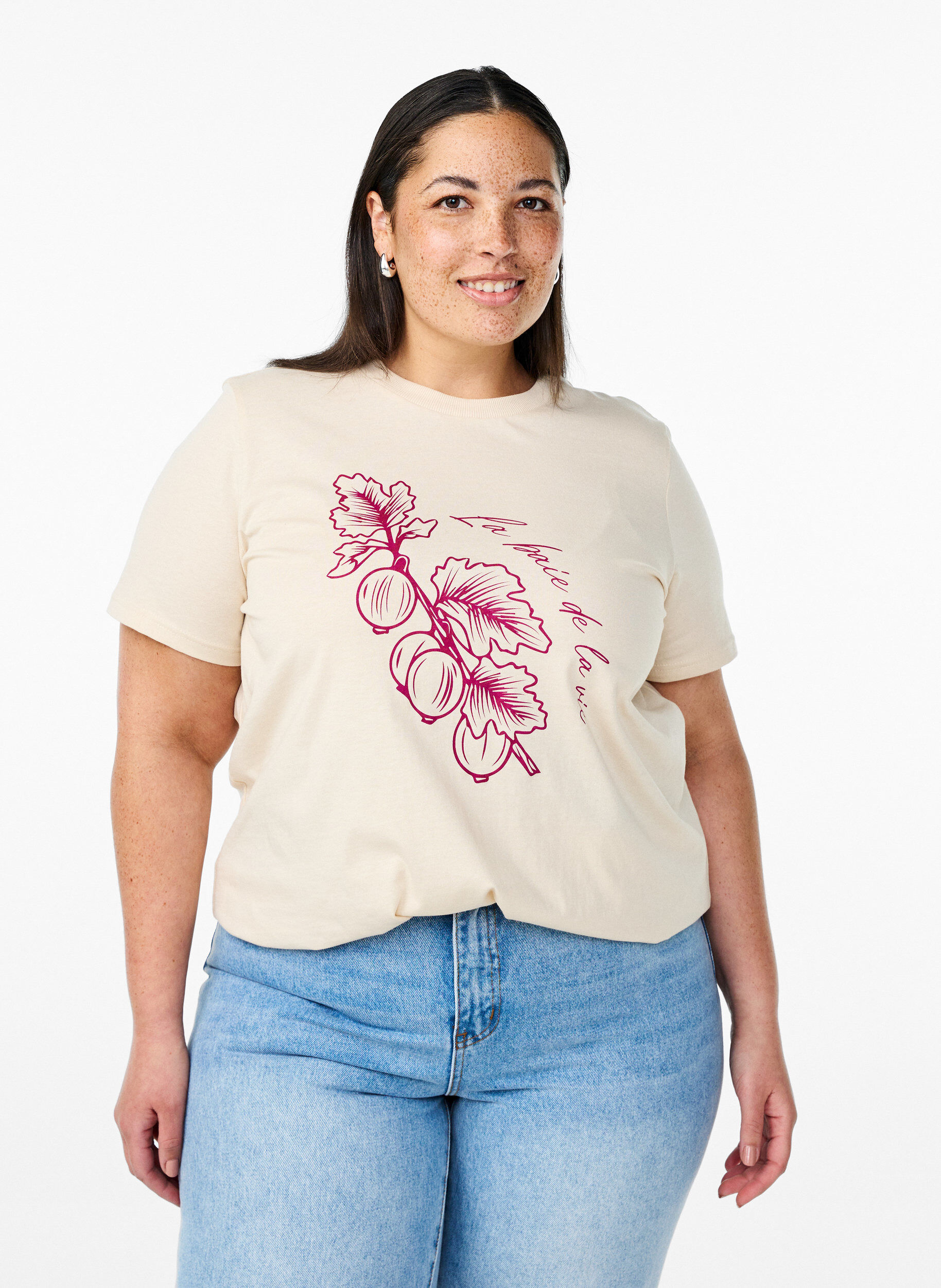 Katoenen T-shirt met print, Beige, Model