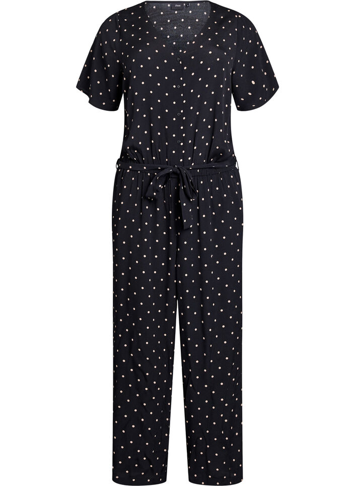 Polkadot jumpsuit met korte mouwen, Zwart, Packshot image number 0