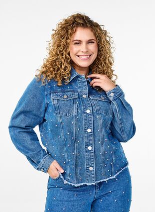 ZizziDenimjack met strasssteentjes en een rauwe zoom, Blue Denim, Model image number 0