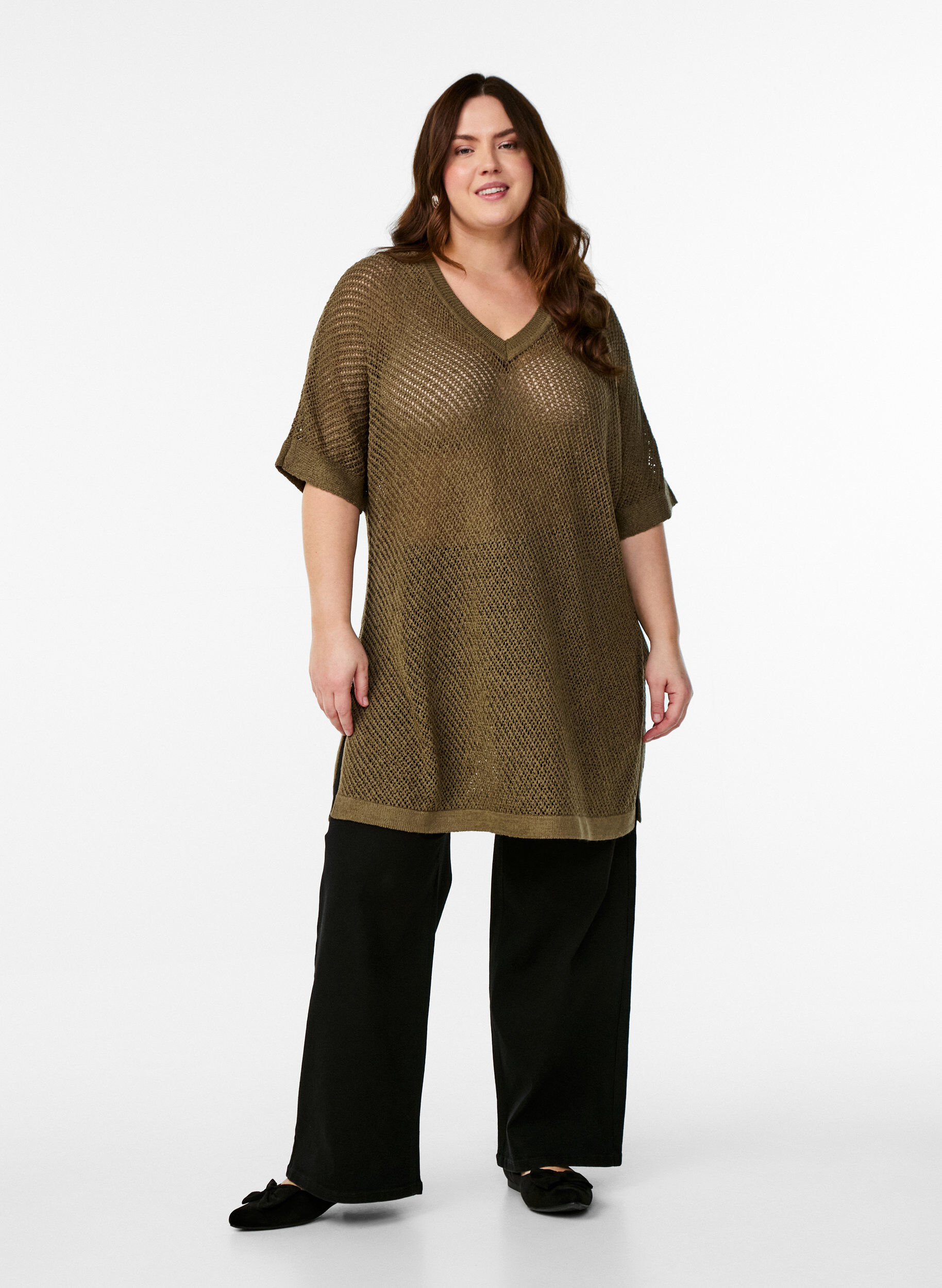 ZizziFLASH - Gebreide blouse met korte mouwen en V-hals, Groen, Model image number 1