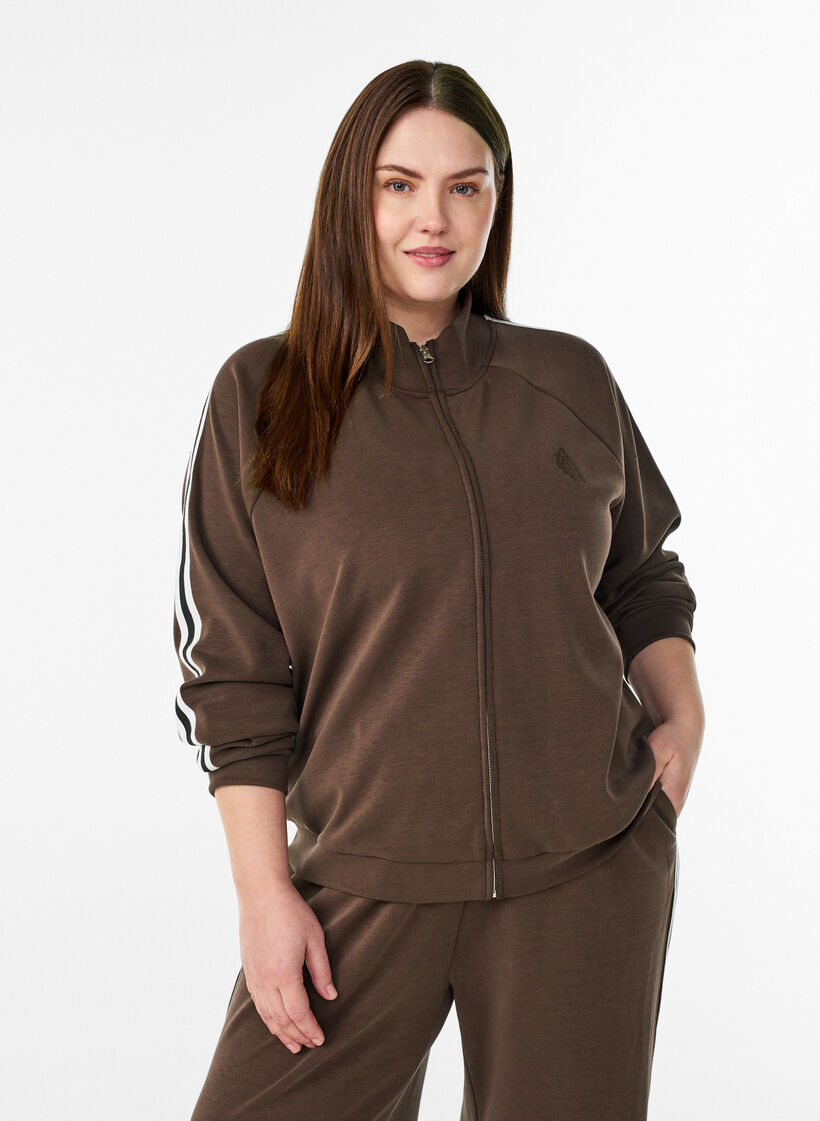 Trainingtop met hoge hals met strepen op de mouwen, Bruin, Model image number 0