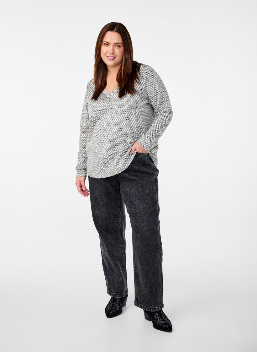 Blouse met patroontextuur en glitterdraad, Grijs, Model image number 1