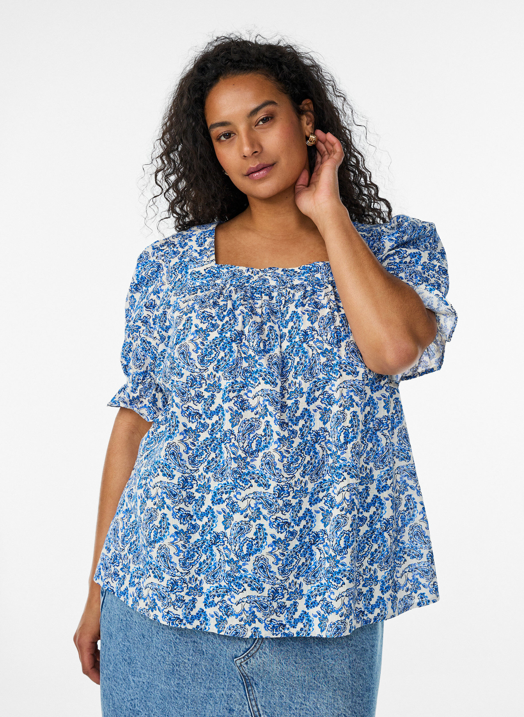 Katoenen blouse met vierkante halslijn, Blauw, Model