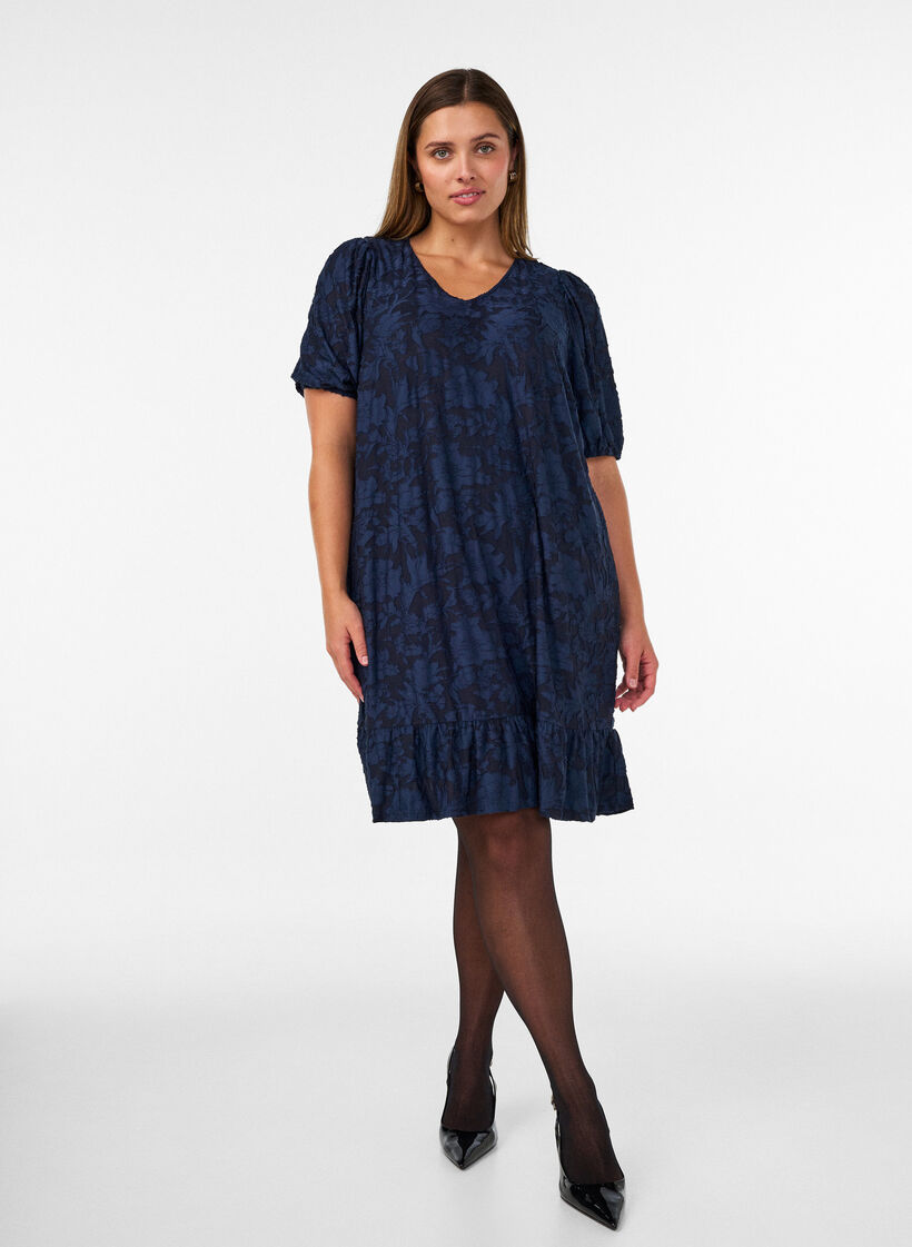 Jurk met bloemenstructuur en volantzoom, Blauw, Model image number 1