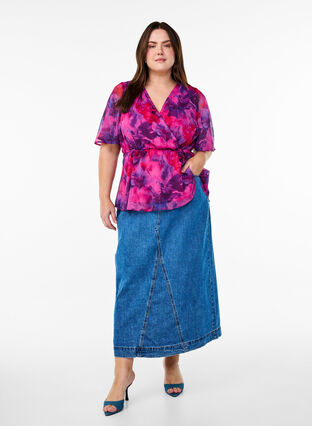 ZizziBloemen chiffon blouse met korte mouwen, Rood, Model image number 1