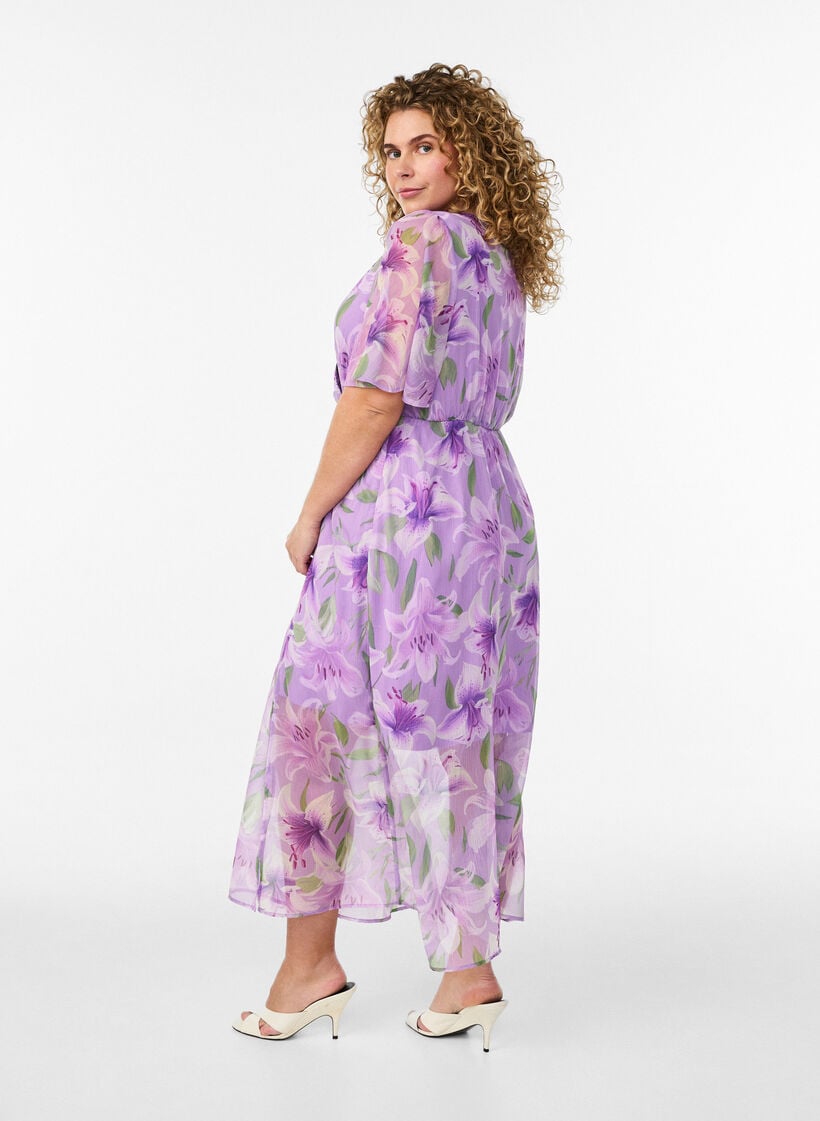 Lange chiffon jurk met bloemenprint en korte mouwen, Paars, Model image number 1