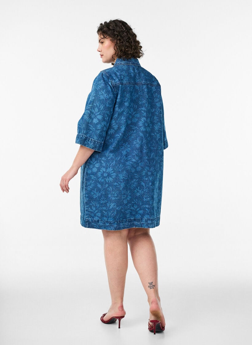 Robe en jean &agrave; imprim&eacute; floral avec poches poitrine, Bleu, Model image number 2