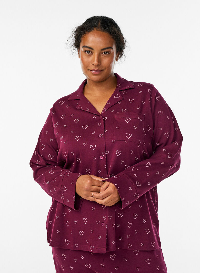 Katoenen pyjamashirt met borstzak, Donker Bordeaux, Model