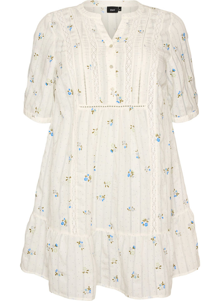 Korte viscose jurk met kanten rand en A-lijn snit, Vanille, Packshot image number 0