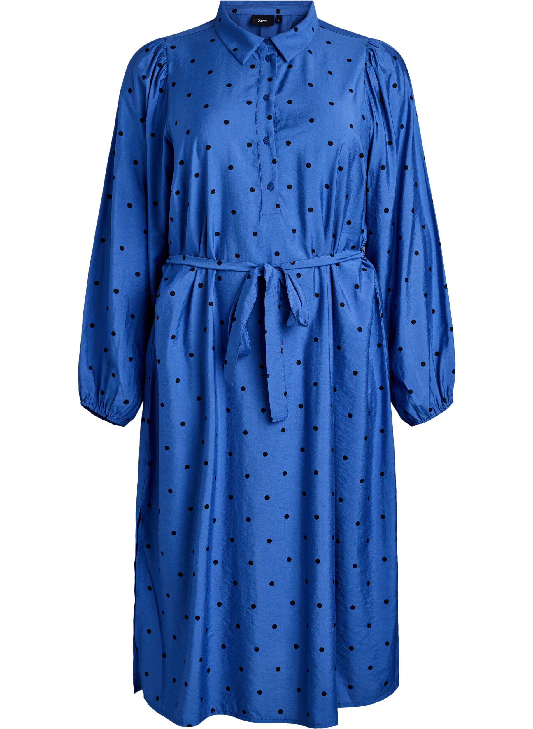 Gestippelde midi-jurk met afneembare strikceintuur