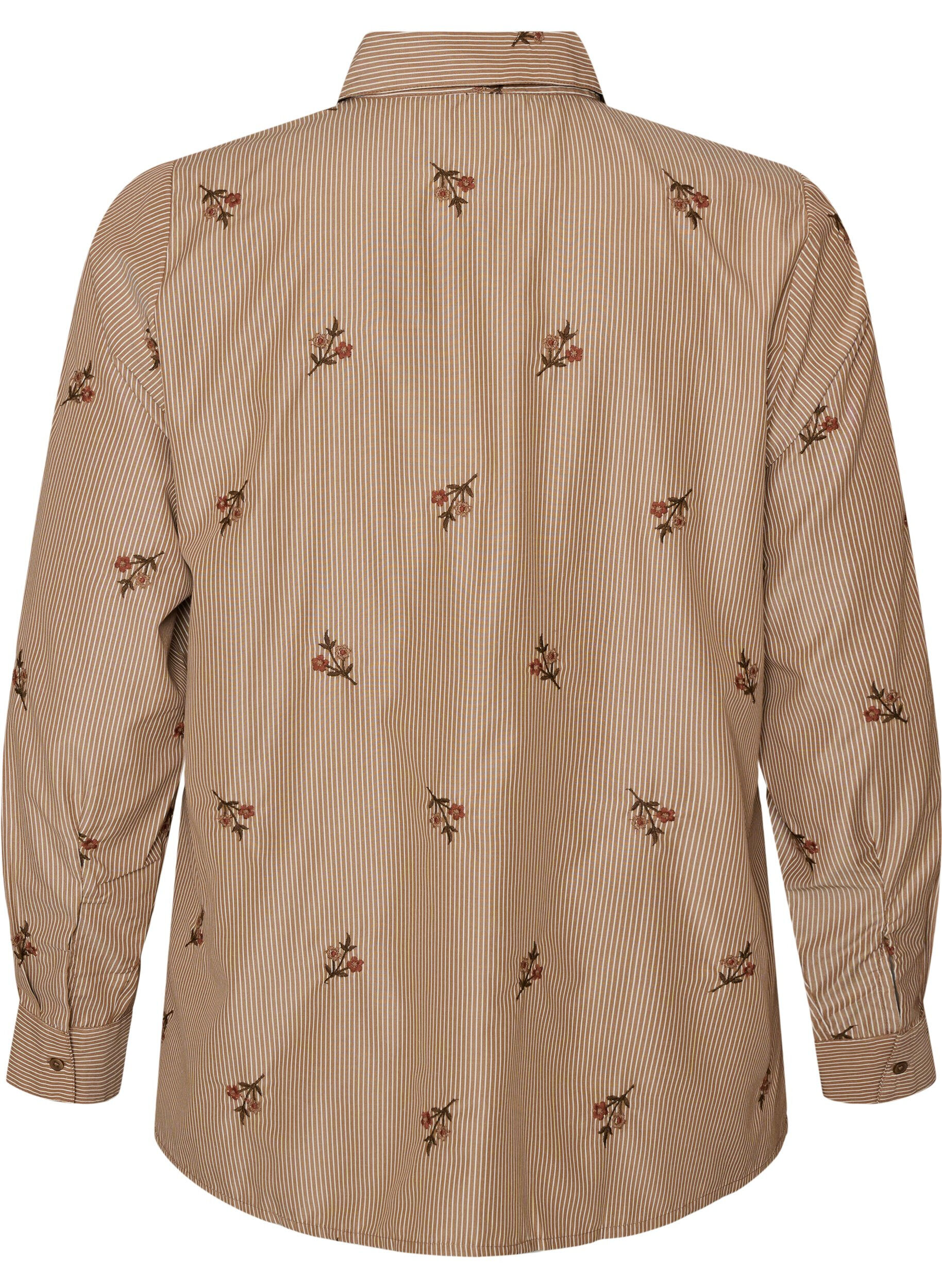 ZizziGestreept shirt met geborduurde bloemen, Bruin, Packshot image number 1