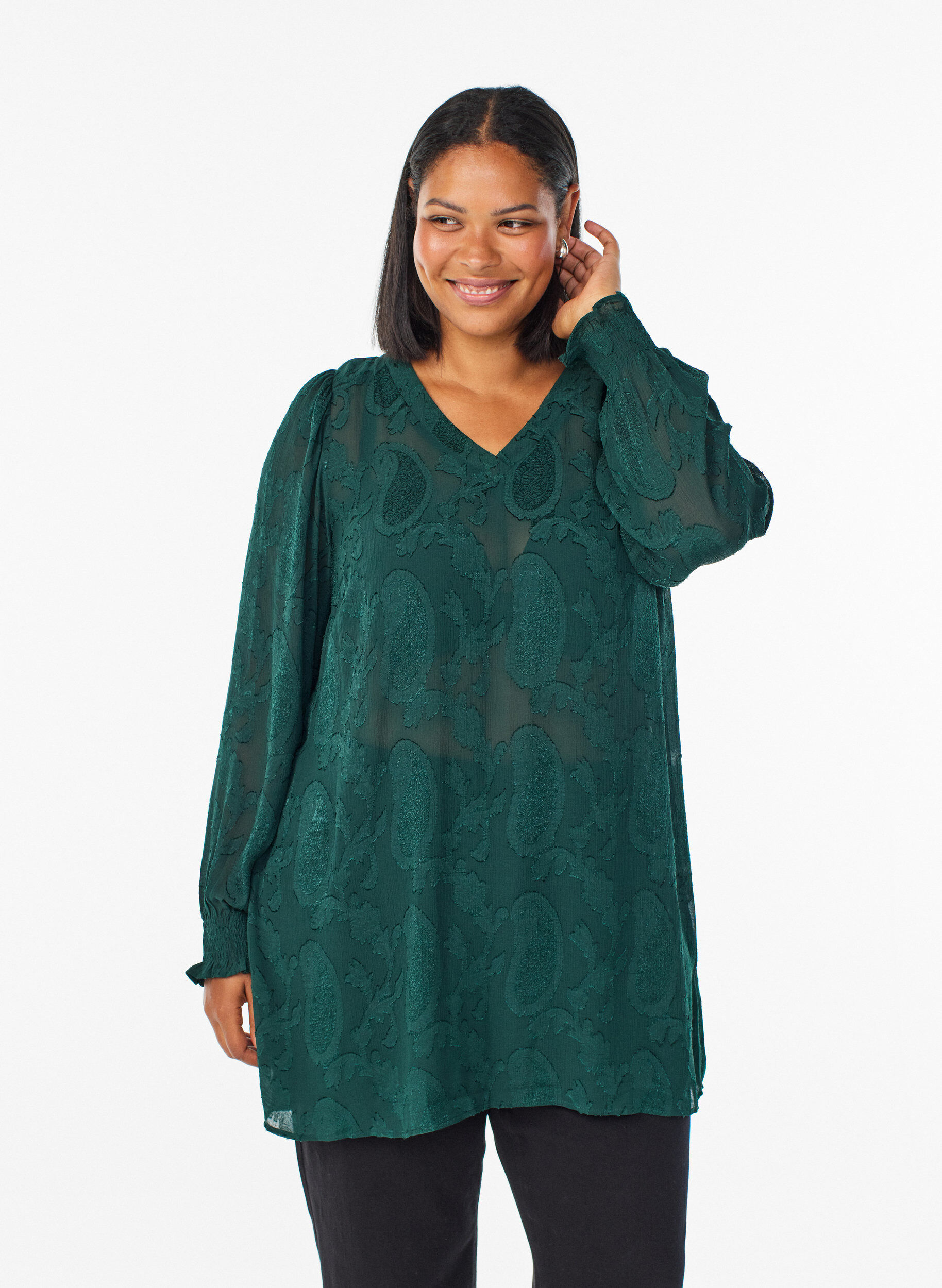 Tuniek met paisley-textuur en lange mouwen, Groen, Model