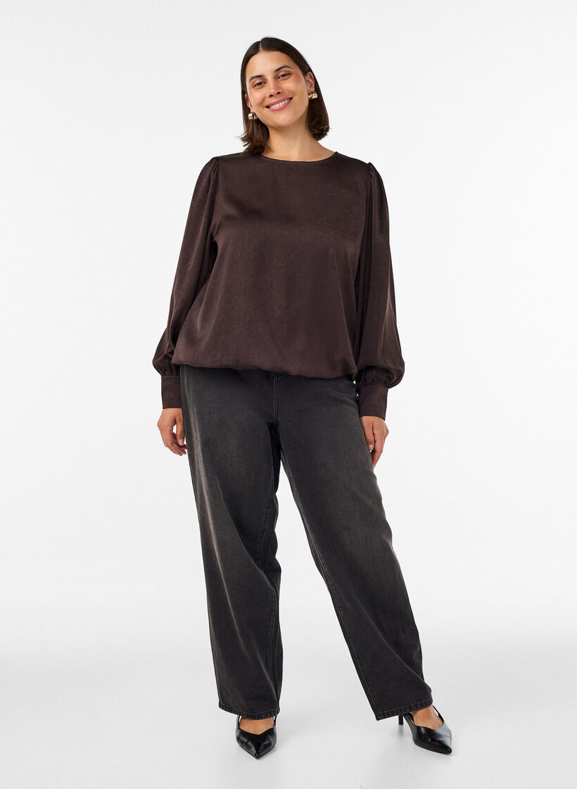 Blouse met satijnen look en ballonvorm, Bruin, Model image number 1