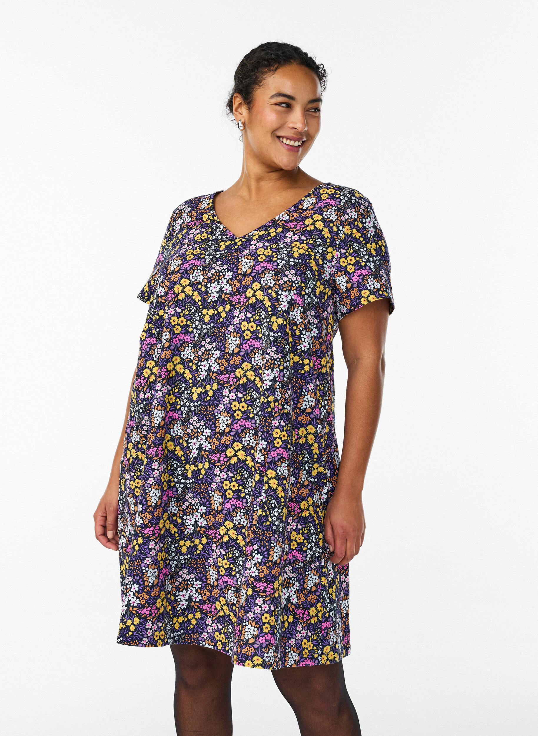 Korte a-lijn jurk met bloemenprint, Blauw, Model