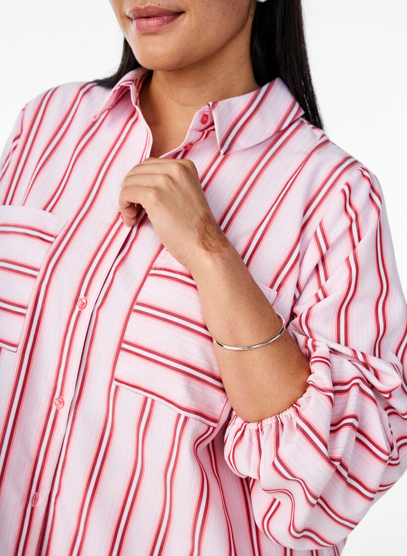 Los shirt met strepen en lange mouwen, Pink stripe, Model