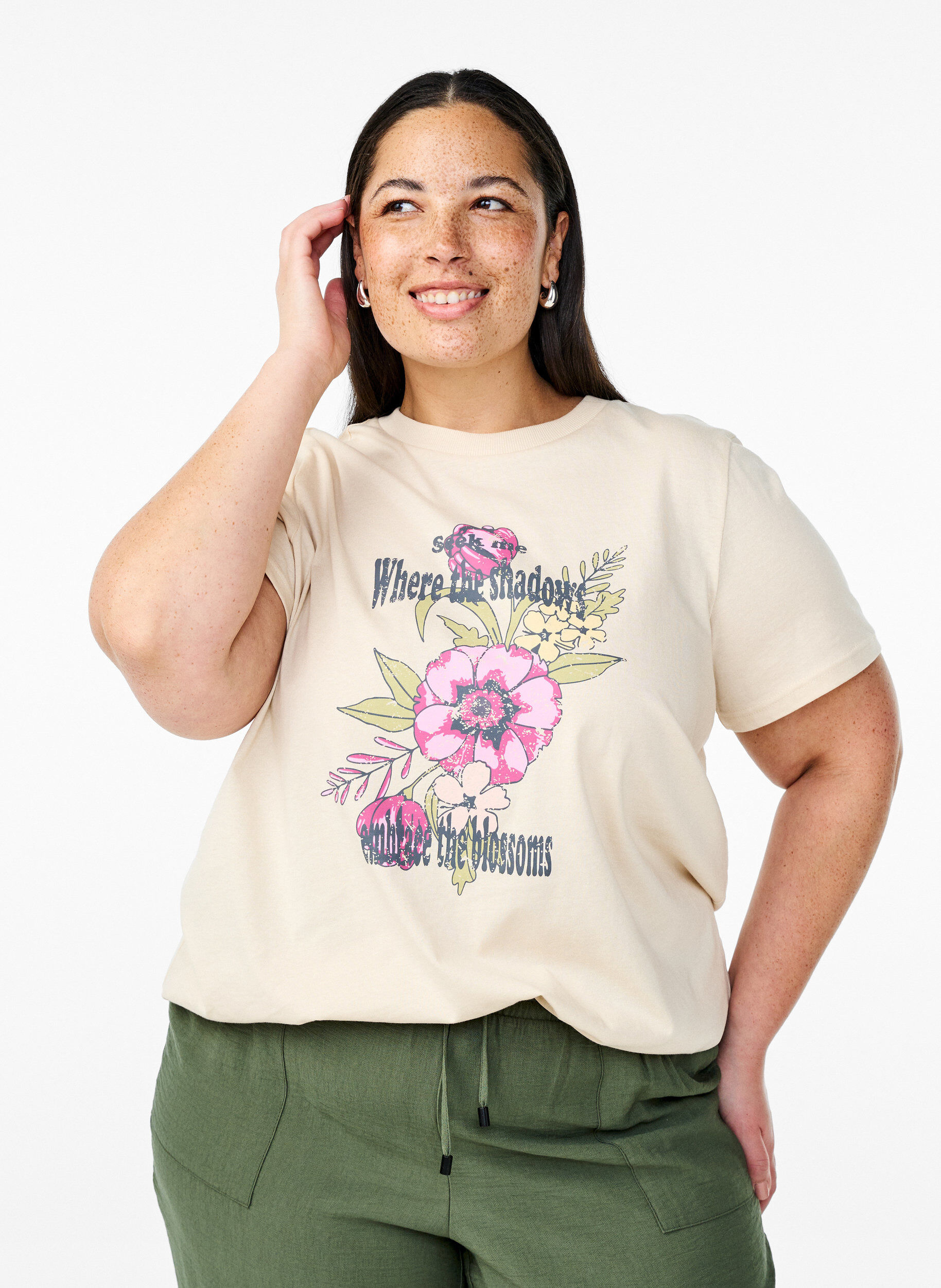 ZizziKatoenen T-shirt met print, Beige, Model image number 0
