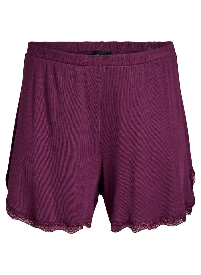 Lichte nachtshorts met ribde structuur en kanten afwerking, Donker Bordeaux, Packshot image number 0