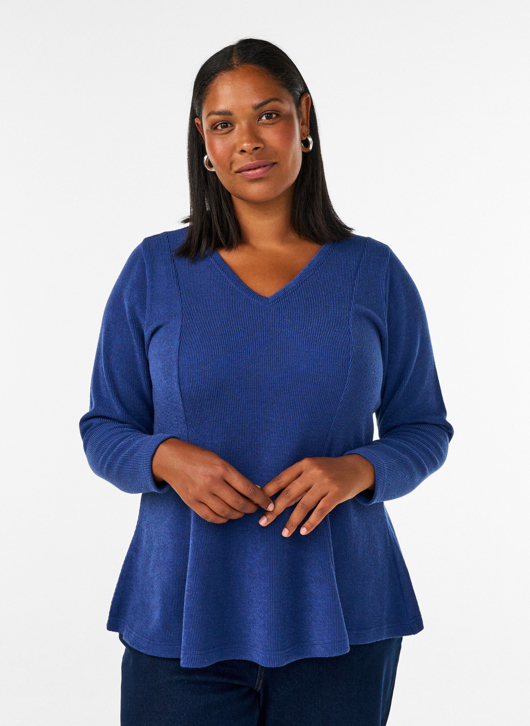 Jersey blouse met een geribde textuur en een A-lijn pasvorm, Blauw, Model