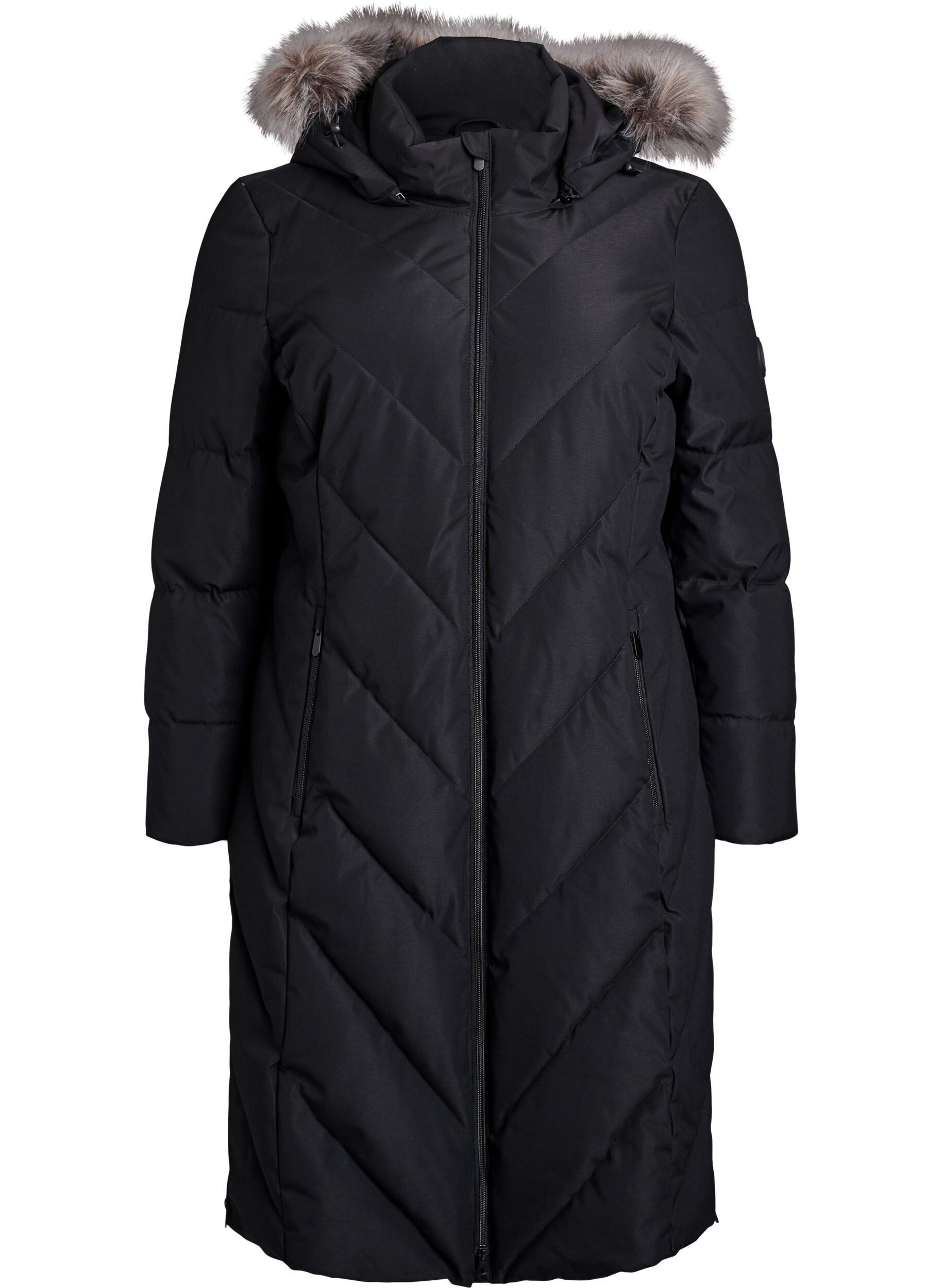 ZizziLange winterjas met haaksluitingen en een nep bontkraag, Zwart, Packshot image number 0